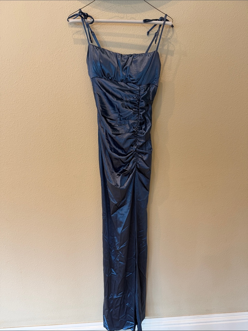 Honey and Rosie Light Blue Satin Ruched Maxi Dress